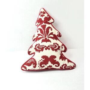 Unbranded Holiday Pillow Christmas Tree Embroidered Red and Cream